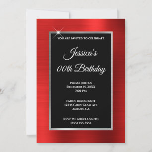 Bright Red Foil Silver and Black Birthday Invitation