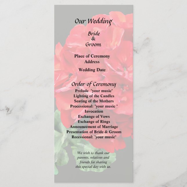 Bright Red Geranium Program (Front)