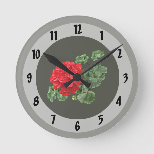 Bright Red Geranium Round Clock (Front)