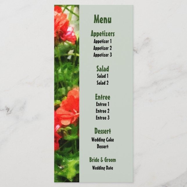 Bright Red Geraniums Wedding Menu (Front)