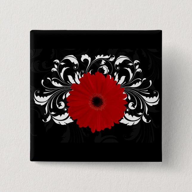 Bright Red Gerbera Daisy on Black Button (Front)