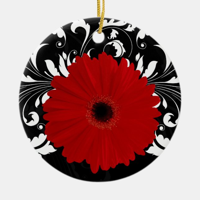 Bright Red Gerbera Daisy on Black Ceramic Ornament (Front)