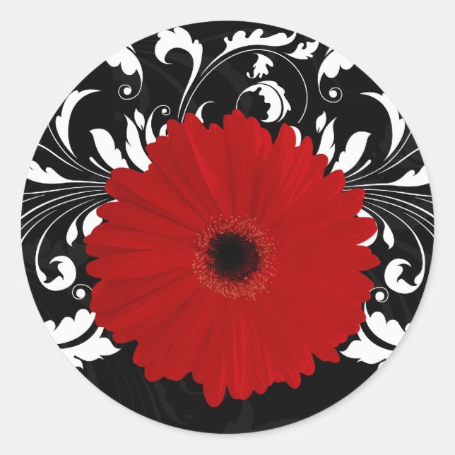 Bright Red Gerbera Daisy on Black Classic Round Sticker (Front)