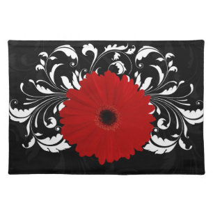 Bright Red Gerbera Daisy on Black Cloth Placemat