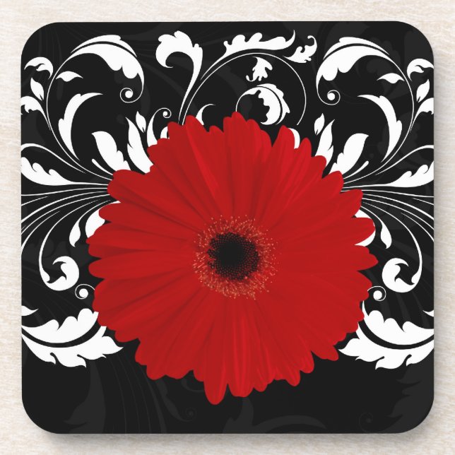 Bright Red Gerbera Daisy on Black Drink Coaster (Front)