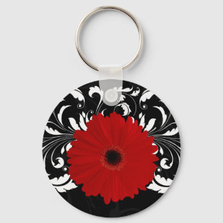 Bright Red Gerbera Daisy on Black Keychain