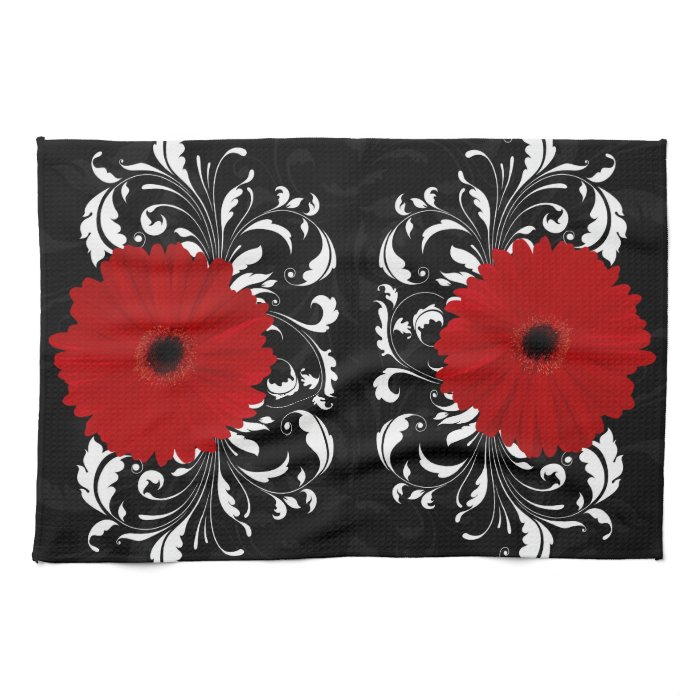 Bright Red Gerbera Daisy on Black Kitchen Towels