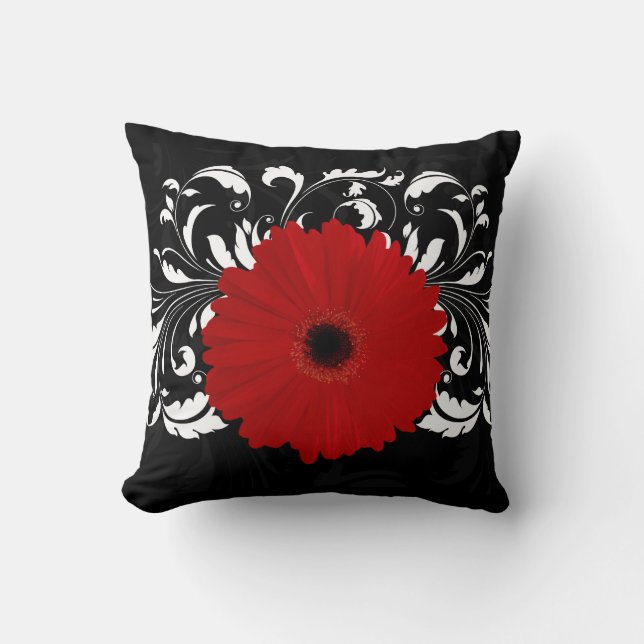 Bright Red Gerbera Daisy on Black Throw Pillow (Front)