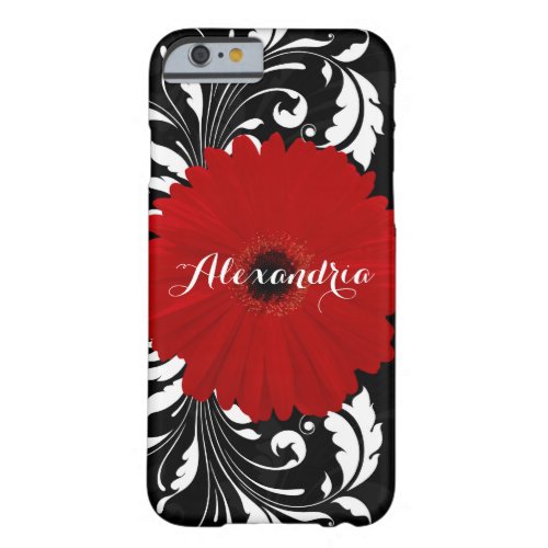 Bright Red Gerbera Daisy Pretty Black Monogram Barely There iPhone 6 Case