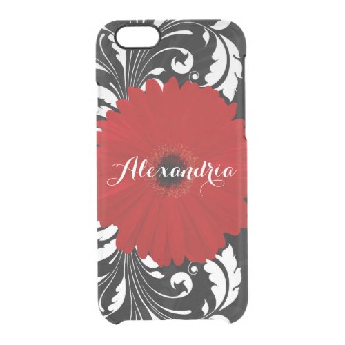 Bright Red Gerbera Daisy Pretty Black Monogram Clear iPhone 66S Case