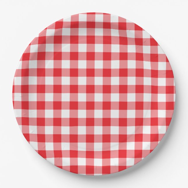Bright Red Gingham Country Paper Plates (Front)