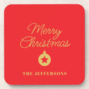 Bright Red & Gold Colors Merry Christmas Beverage Coaster