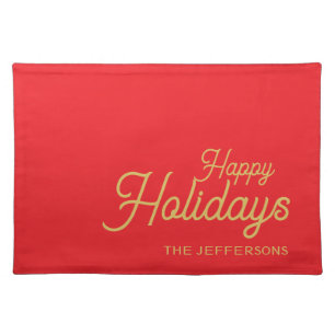 Bright Red & Gold Colors Merry Christmas Family Cloth Placemat