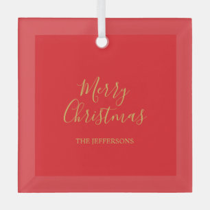 Bright Red & Gold Colors Merry Christmas Family Glass Ornament
