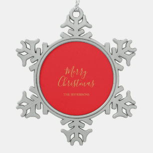 Bright Red & Gold Colors Merry Christmas Family Snowflake Pewter Christmas Ornament