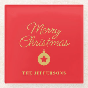Bright Red & Gold Colors Merry Christmas Glass Coaster