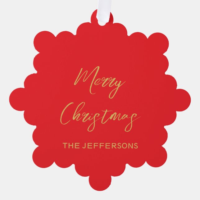Bright Red & Gold Colors Merry Christmas Ornament Card (Front)