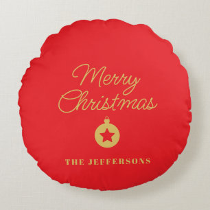 Bright Red & Gold Colors Merry Christmas Round Pillow