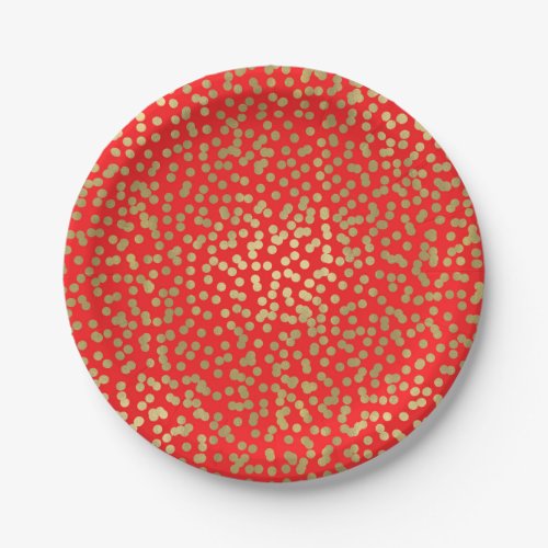 Bright Red  Gold Dots Confetti Elegant Glam Paper Plates