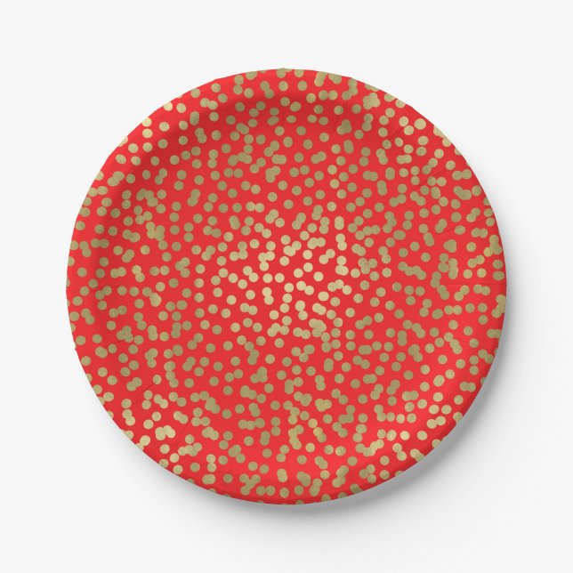Bright Red & Gold Dots Confetti Elegant Glam Paper Plates (Front)