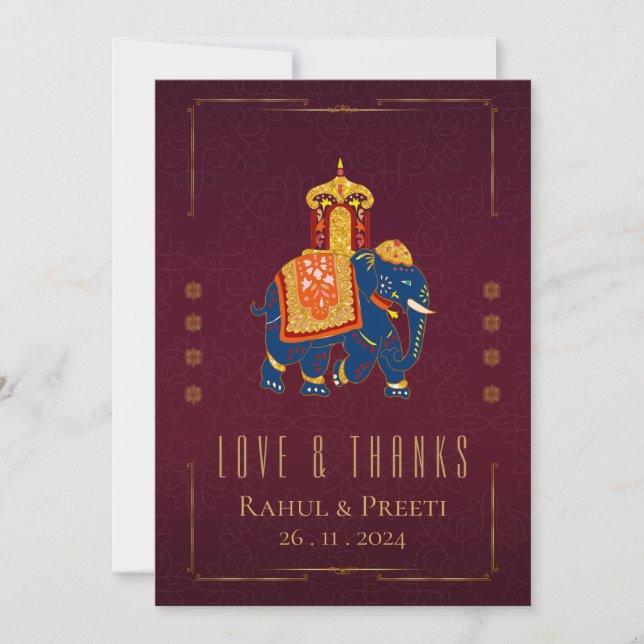 Bright Red Gold  Love & Thanks Indian Wedding Thank You Card (Front)