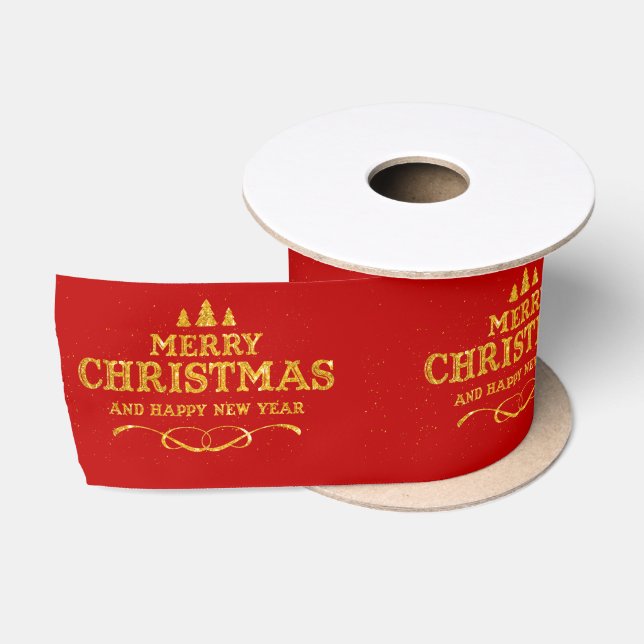 Bright Red Gold Merry Christmas Happy New Year  Satin Ribbon (Spool)