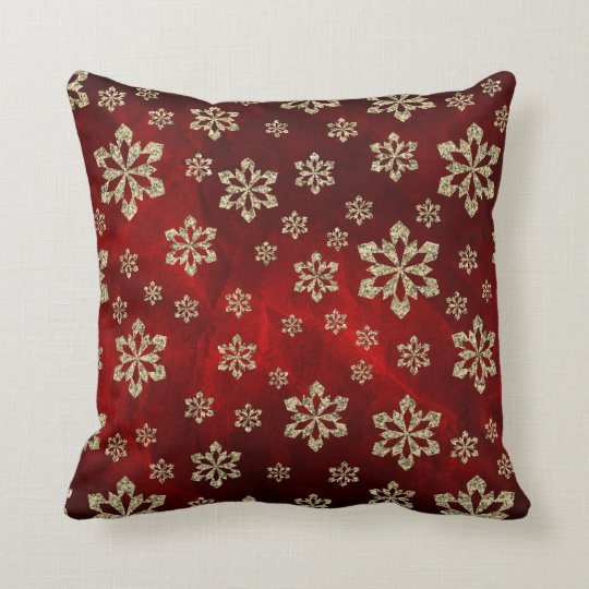 Bright Red Gold Snowflake Throw Pillow