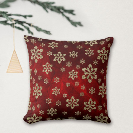 Bright Red Gold Snowflake Throw Pillow