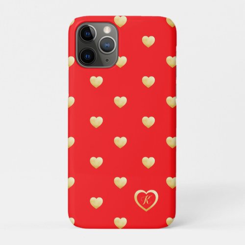 Bright Red Golden Monogram Hearts on Red iPhone 11 Pro Case