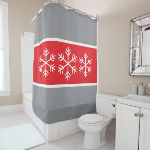 Bright Red Gray Stripes White Alpine Snowflakes Shower Curtain