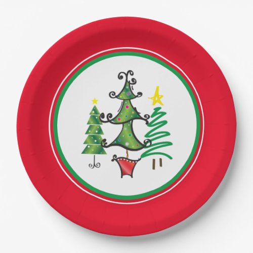 Bright Red Green Christmas Trees Paper Plate