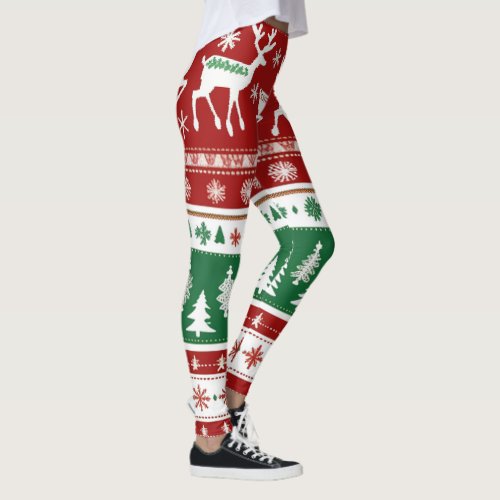 Bright Red Green Festive Christmas Sweater Pattern Leggings