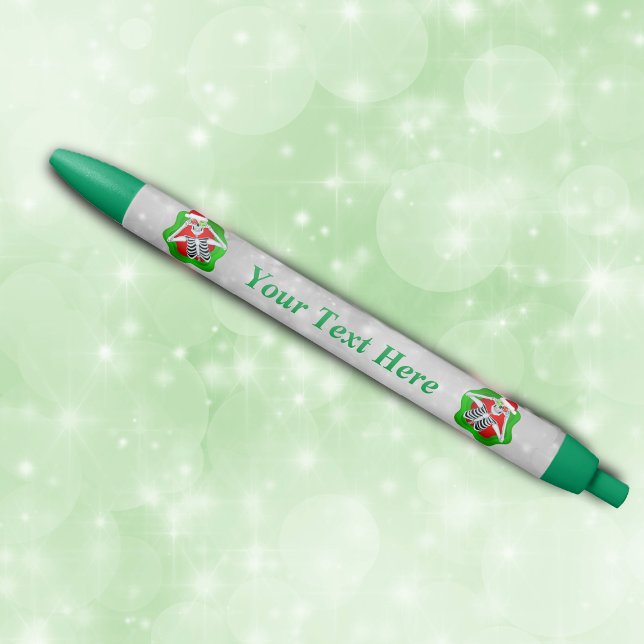 Bright Red Green Splatters Christmas Skeletons Pen (christmas skeletons in green red splatter shapes Santa hats on white with circles writing pen.)