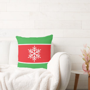 Bright Red Green White Holiday Stripes Snowflake  Throw Pillow