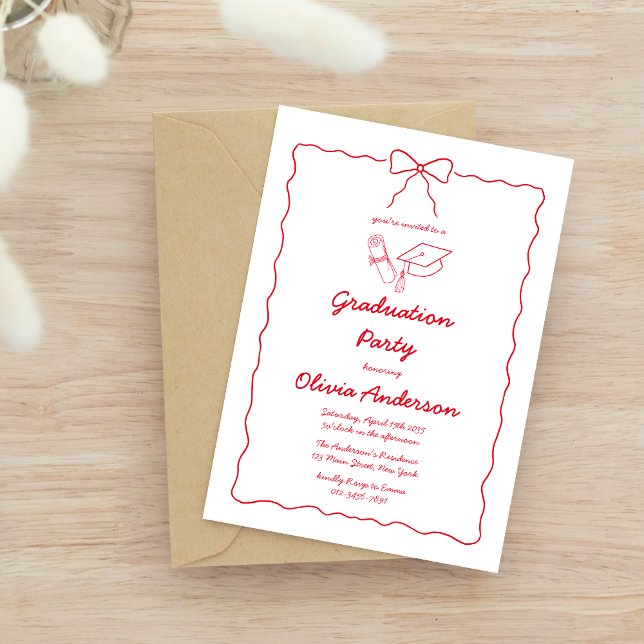 Bright Red Hand Drawn Bow Frame Graduation Party Invitation (Creator Uploaded)