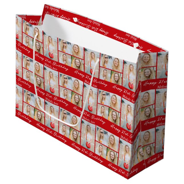 Bright Red Happy Birthday Photo Collage Custom Large Gift Bag (Front Angled)