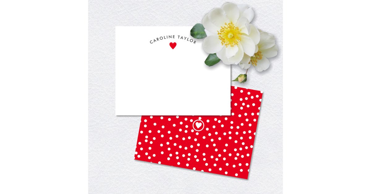 Red Heart Note Card Bright Red Heart & Dots Cute Girly Note Card | Zazzle