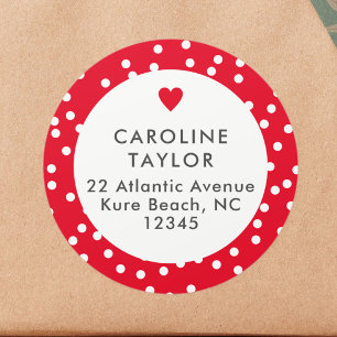 Bright Red Heart & Polka Dots Cute Girly Address Classic Round Sticker