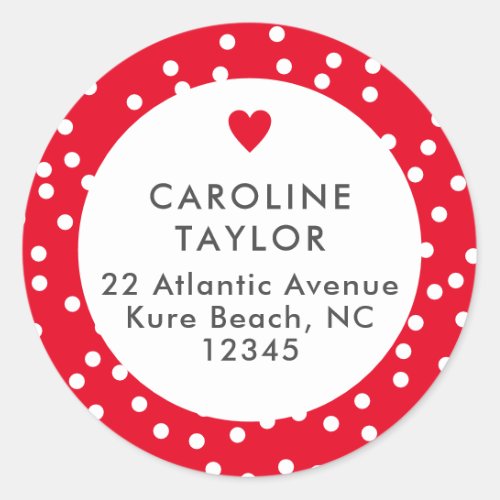 Bright Red Heart  Polka Dots Cute Girly Address Classic Round Sticker