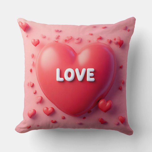 Bright Red Heart with 'Love' Text Throw Pillow (Front)
