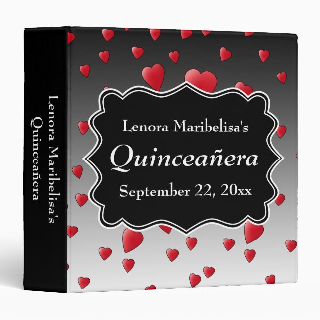 Bright Red Hearts Pattern Quinceanera 3 Ring Binder (Front/Spine)