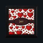 Bright Red Hearts Pattern with Burgundy Nameplate Jewelry Box<br><div class="desc">A pattern of bright red romantic hearts,  some big some small on a yellow background. Subtle black lines between the hearts give it an interesting looking texture. Personalize / customize with a name or initials written inside a fancy dark red burgundy oval nameplate across the center of the design..</div>