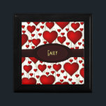 Bright Red Hearts Pattern with Burgundy Nameplate Jewelry Box<br><div class="desc">A pattern of bright red romantic hearts,  some big some small on a yellow background. Subtle black lines between the hearts give it an interesting looking texture. Personalize / customize with a name or initials written inside a fancy dark red burgundy oval nameplate across the center of the design..</div>
