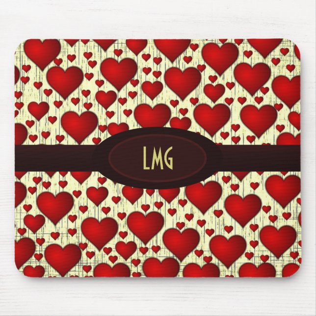 Bright Red Hearts Pattern with Burgundy Nameplate Mouse Pad (Front)