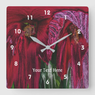 Bright Red Hibiscus Flowers Abstract Art Square Wall Clock