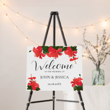 Bright Red Hibiscus Wedding welcome sign