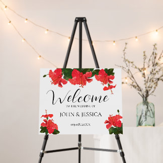 Bright Red Hibiscus Wedding welcome sign