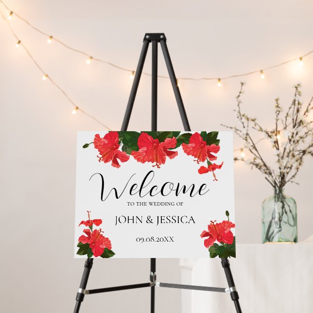 Bright Red Hibiscus Wedding welcome sign (In Situ (Stand))