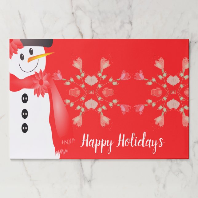 Bright Red Holiday Snowman Paper Placemat  (Front)