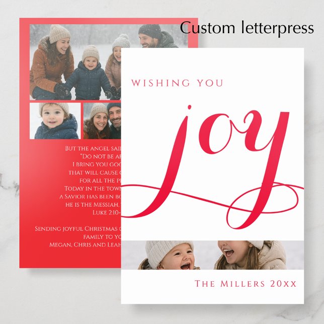 Bright Red Joy Script | Luke 2:10 Christmas Photo Letterpress Photo Cards (Add your names, photo and custom text to this festive red joy Luke 2:10 scripture Christmas card
)